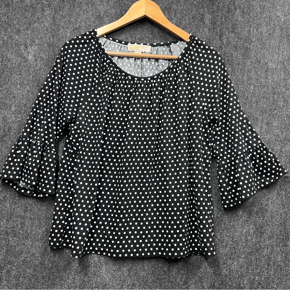 Michael Kors Women's Ruffle 1/4 Sleeve Polka Dot Blouse Black Size M - Picture 1 of 9